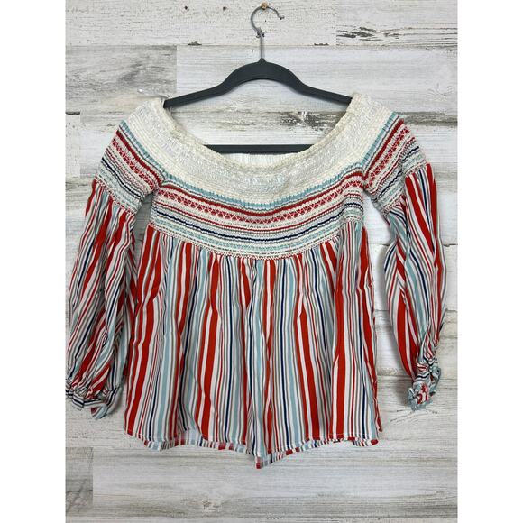 Allen Schwartz Women's Small striped crop long sleeve of the shoulder boho top - Picture 1 of 4